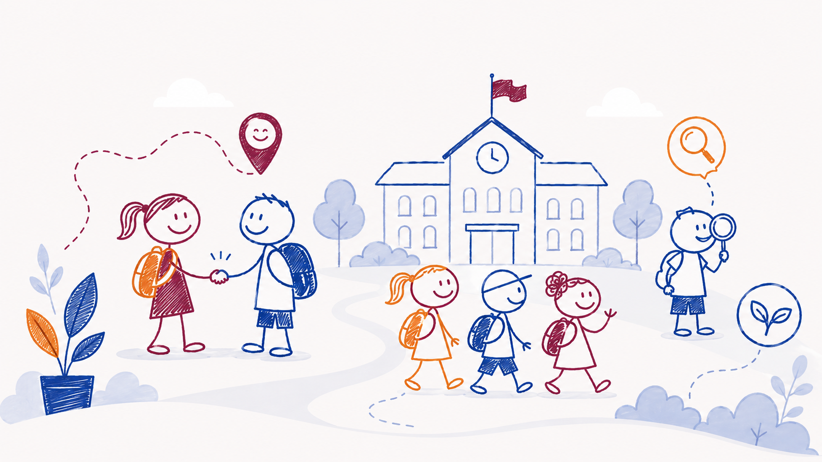 Illustratie van ouders, leerlingen en scholen die elkaar ontmoeten