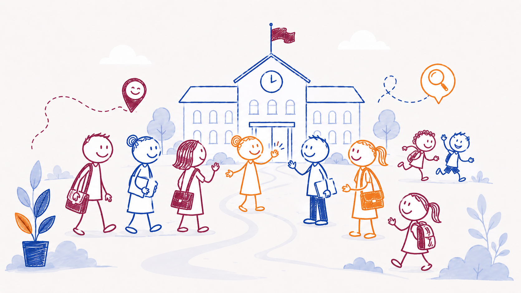 Illustratie van leerlingen en leerkracht die samen leren