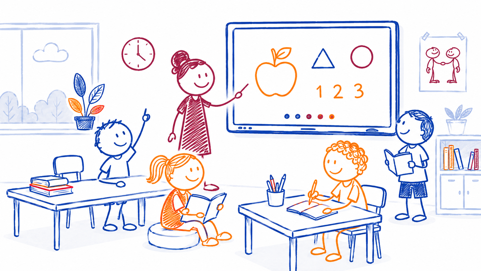Illustratie van scholen, leerlingen en professionals die elkaar ontmoeten