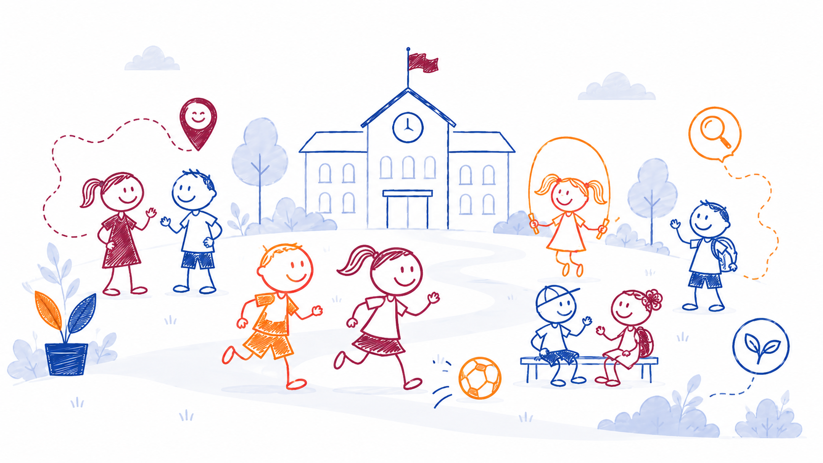 Illustratie van leerlingen en scholen die elkaar ontmoeten