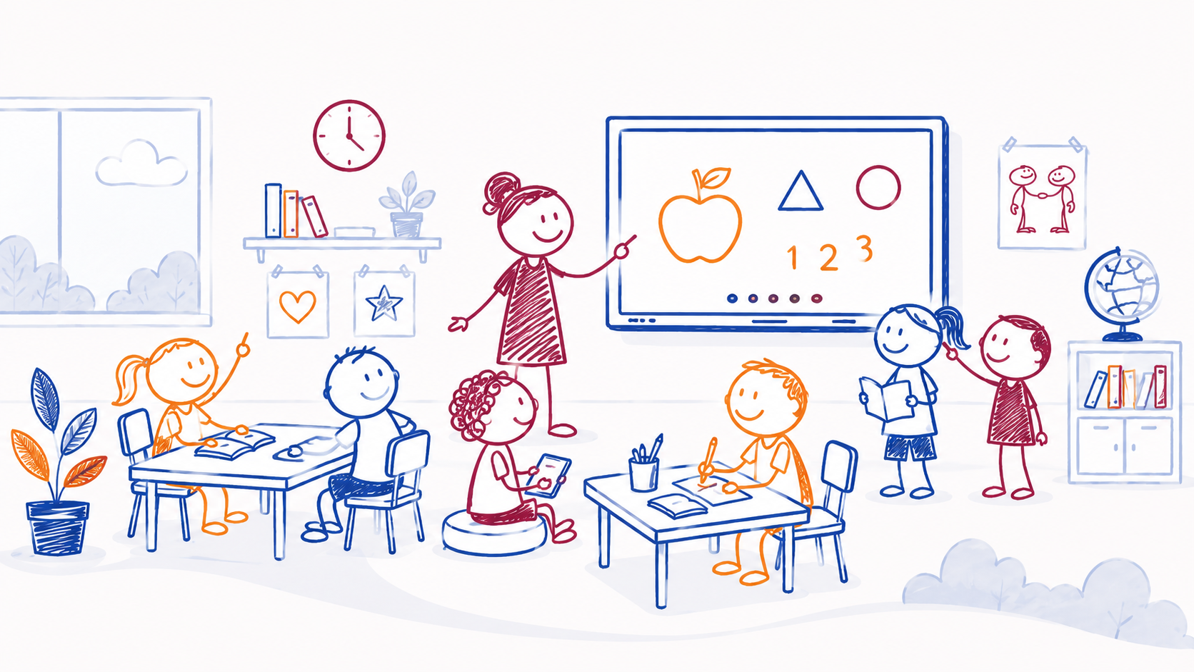 Illustratie van een klas waarin leerlingen en leerkracht samen leren